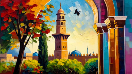 Oil painting,Ramadan lantern, desert, Zayed Grand Mosque, Islamic Crescent background
