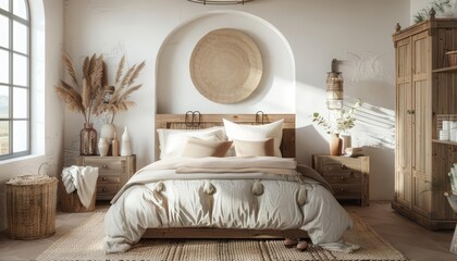Light bedroom rustic interiors are beautified by the subtle placement of rustic cabinets against a white wall, 3D render sharpen