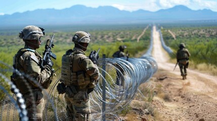 Fototapeta premium Soldiers standing next to barbed wire fence