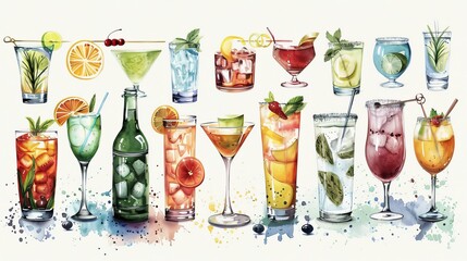 Assorted cocktails watercolor painting