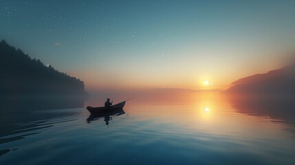 A lake fishing trip with a person in a boat at dawn. - Powered by Adobe