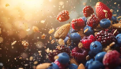 Nut seeds and berries scatter across a brochure cover, symbolizing nutritious snacking options, Cinematic Look Sharpen banner background concept 3D with copy space