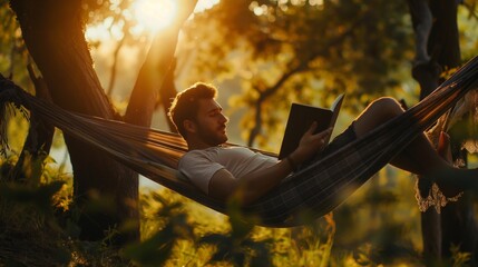 A man reading a book in a hammock surrounded by nature.