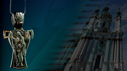 Religious themes. Cross and church.
Pectoral cross with Archangel Michael and The Orthodox temple in Kyiv.