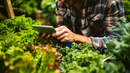 Close Up of Farmer Using Tablet to Monitor Organic Crops
