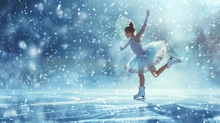 A young girl is ice skating on a frozen lake - Powered by Adobe