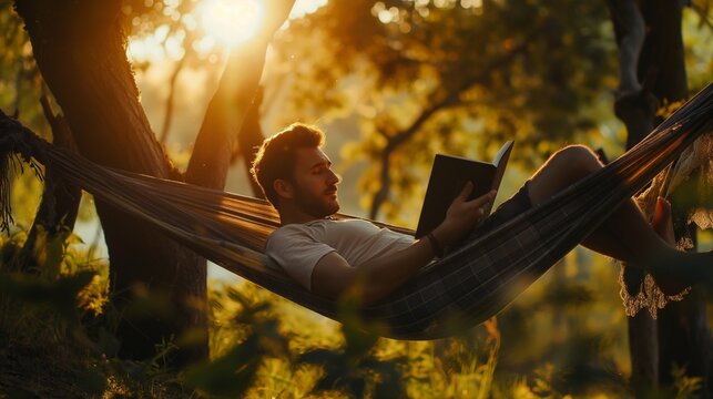 A man reading a book in a hammock surrounded by nature.