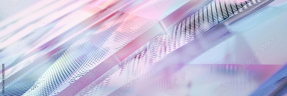 Poster pastel tone geometric shapes blend into a background with a diagonal lines halftone effect, creating