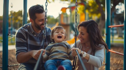 A mother and father pushing their giggling toddler on a swing set at the playground. - Powered by Adobe