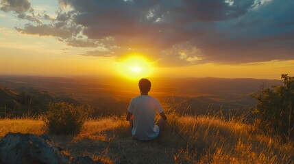 A painter admiring the sunset for inspiration on a hilltop.