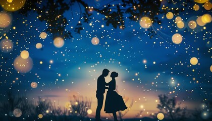 Obraz premium Silhouette of a couple dancing under a canopy of twinkling stars, captured in a moment of perfect harmony, Sharpen closeup highdetail realistic concept good mood tone