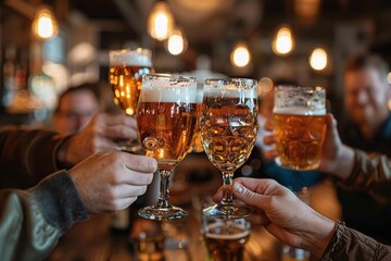 Group of friends drinking and toasting glass of beer at brewery pub restaurant