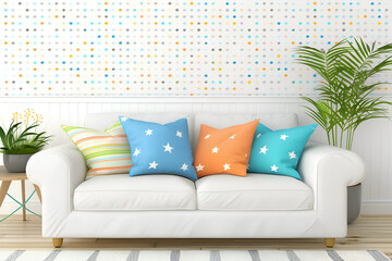 A white couch with four pillows on it, two of which are blue and two are orange. The couch is in a...