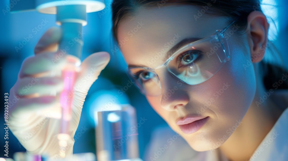Poster a female scientist wearing a lab coat carefully holds a flask filled with liquid in a laboratory set
