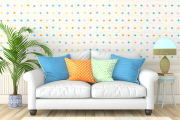 A white couch with four pillows on it, two of which are blue and two are orange. The couch is in a room with a green plant and a potted plant. Generative AI