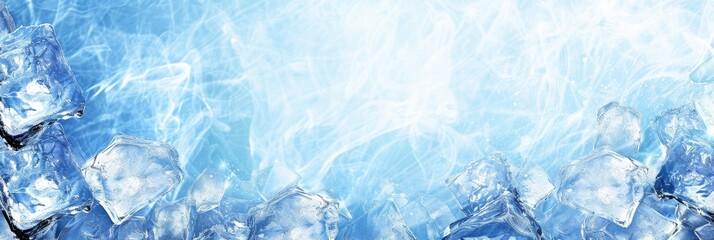 Cold blue ice cubes on blurred background in panoramic banner with light cold blue color