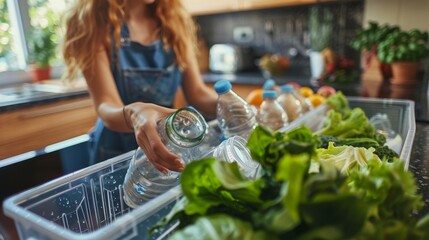 Eco-Conscious Woman Recycling Glass Bottles and Plastic Bottles in Sunny Kitchen. Generative ai