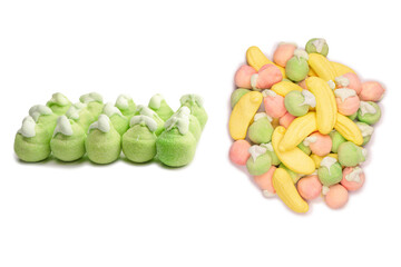 Green marshmallow candy isolated on  white background.