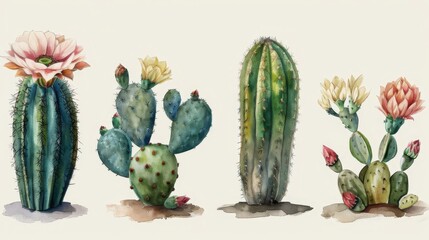 A variety of cacti in a watercolor style. The cacti are all different shapes and sizes, and some of them have flowers.