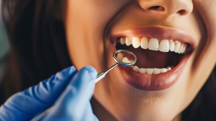 Obraz premium Smiling female patient receiving a dental check-up, showcasing healthy teeth, with a dentist using a dental mirror.