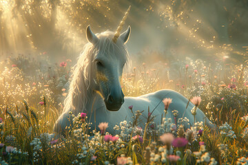 hyper realistic and very detailed white unicorn covered with white gold glitter shining under sunlight, with a background of a dreamy foggy flowers garden . cinematic.
