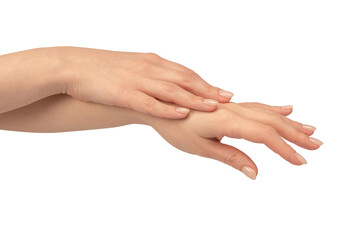 Woman hands  isolated on a white background. Nude nail polish.