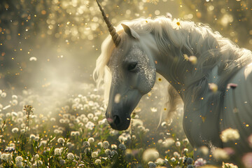 hyper realistic and very detailed white unicorn covered with white gold glitter shining under sunlight, with a background of a dreamy foggy flowers garden . cinematic.