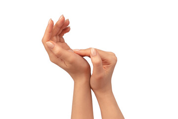 Woman hands  isolated on a white background. Nude nail polish.