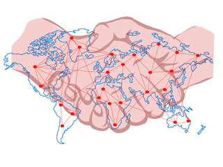 "Global partnership symbolized! Handshake with interconnecting world map. Perfect for business collaborations. 🤝🌐 #partnership #business #illustration"
