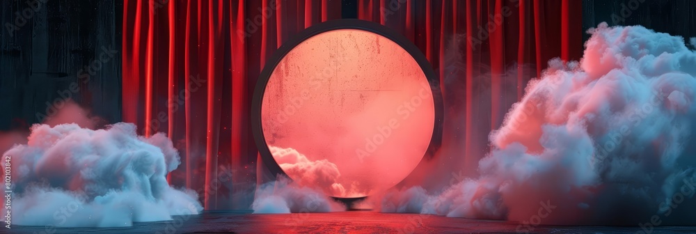 Poster the red curtain and clouds flying in front of a circle shape provide a theatrical feel to the blank 