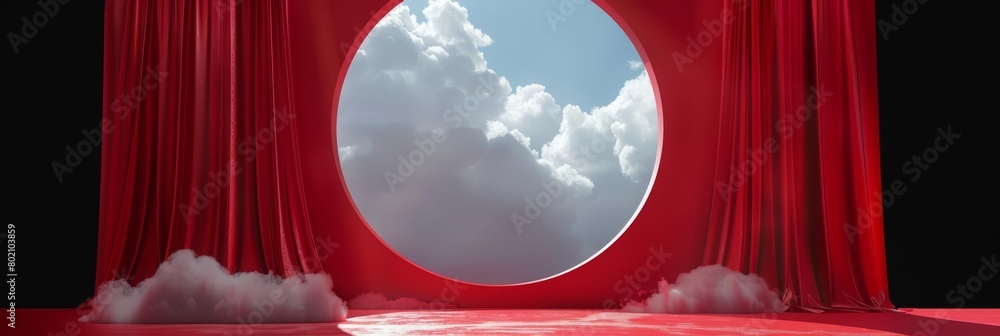 Poster the red curtain and clouds flying in front of a circle shape provide a theatrical feel to the blank 