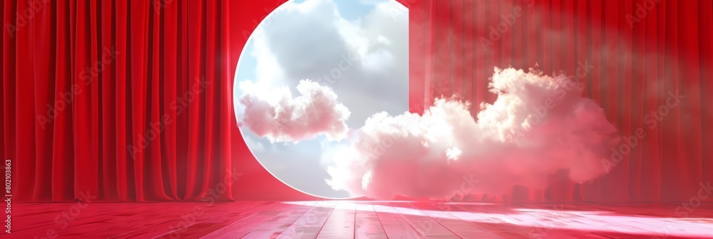 Poster the red curtain and clouds flying in front of a circle shape provide a theatrical feel to the blank 