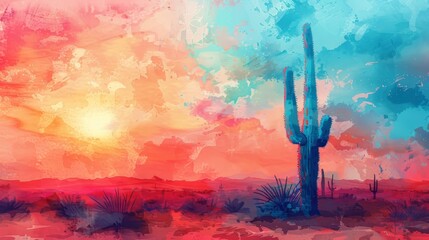 A watercolor painting of a saguaro cactus in the desert at sunset.