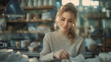 Woman working in a small factory, A sustainable fashion brand using circular economy principles and eco-friendly materials, promoting ethical production practices. Generative ai