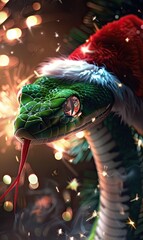 A vibrant illustration of a green snake wearing a Santa hat