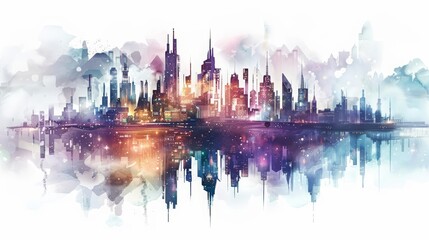 The strange allure of an underwater metropolis is presented through a cyber watercolor painting, Clipart isolated on white background strange style hitech ultrafashionable
