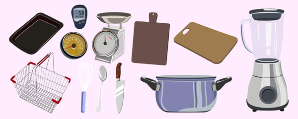 set of kitchen utensils in vector.tools in semi-realistic style.objects for design of application website leaflet booklet advertising packaging sticker.