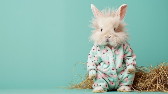 Angora Rabbit, dressed in onesie, pastel print pattern, standing on the floor, solid mint green background