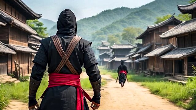 Back view to black ninja assassin warrior walking in the village