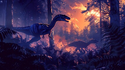 A pack of Allosaurus hunting in the forest at sunset.