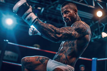 A man with tattoos on his arms and a glove on his left hand is in the ring - Powered by Adobe