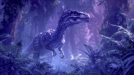 A Velociraptor dinosaur stands in a misty fern forest.