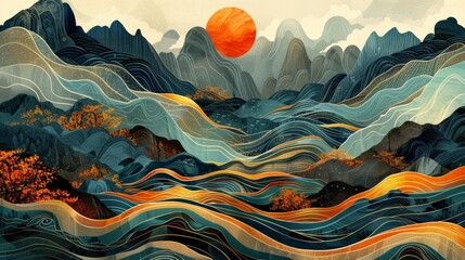 An illustrated map with a fantastical landscape, where mountains are depicted as stripes and rivers as flowing patterns.