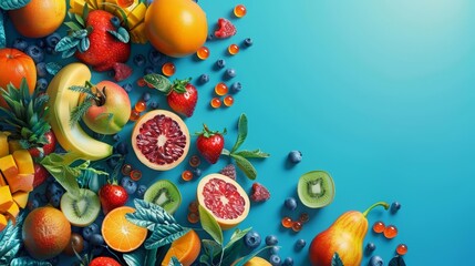 Vibrant fruits overlay a dynamic blue shapes composition, highlighting the zest of natural diet choices, Cinematic Look Sharpen banner background concept 3D with copy space
