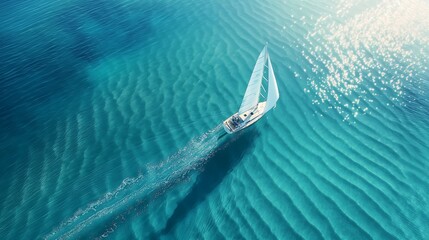 A sailboat gliding across crystal-clear waters, leaving a trail of ripples behind.
