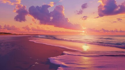Fototapeta na wymiar A sandy beach at sunset, with vibrant hues painting the sky.