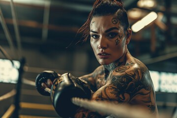 A woman with tattoos on her arms and face is boxing in a ring. She is wearing a glove and has a rope around her waist - Powered by Adobe