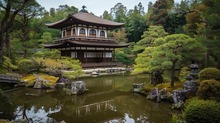 Traditional Japanese temple in a serene garden.