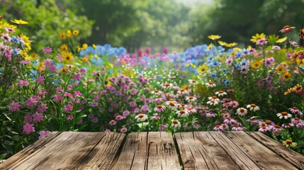 Wooden table with an aster garden view presents a colorful display of nature s beauty, Sharpen 3d rendering background