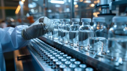 Hand with sanitary gloves check Medical vials on production line at pharmaceutical factory, Pharmaceutical machine working pharmaceutical glass bottles production line.	